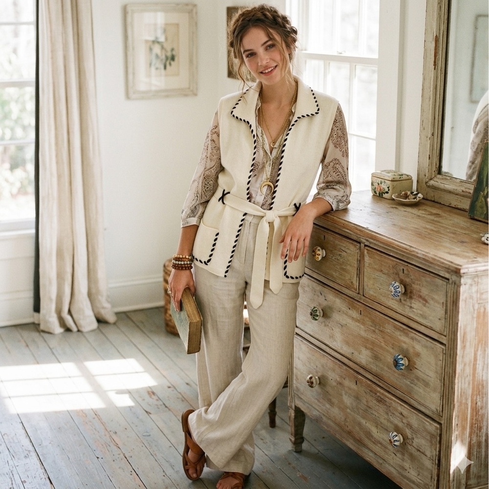 Vintage Cream Knit Cardigan Whipstitch Black Trim Vest Sleeveless - Picture 4 of 13